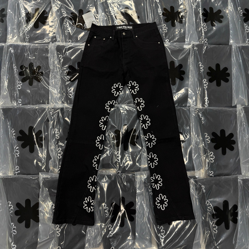 LOSTSHDWS JEANS 太阳花朵重工镂空刺绣美式高街拼接微喇牛仔裤潮|undefined
