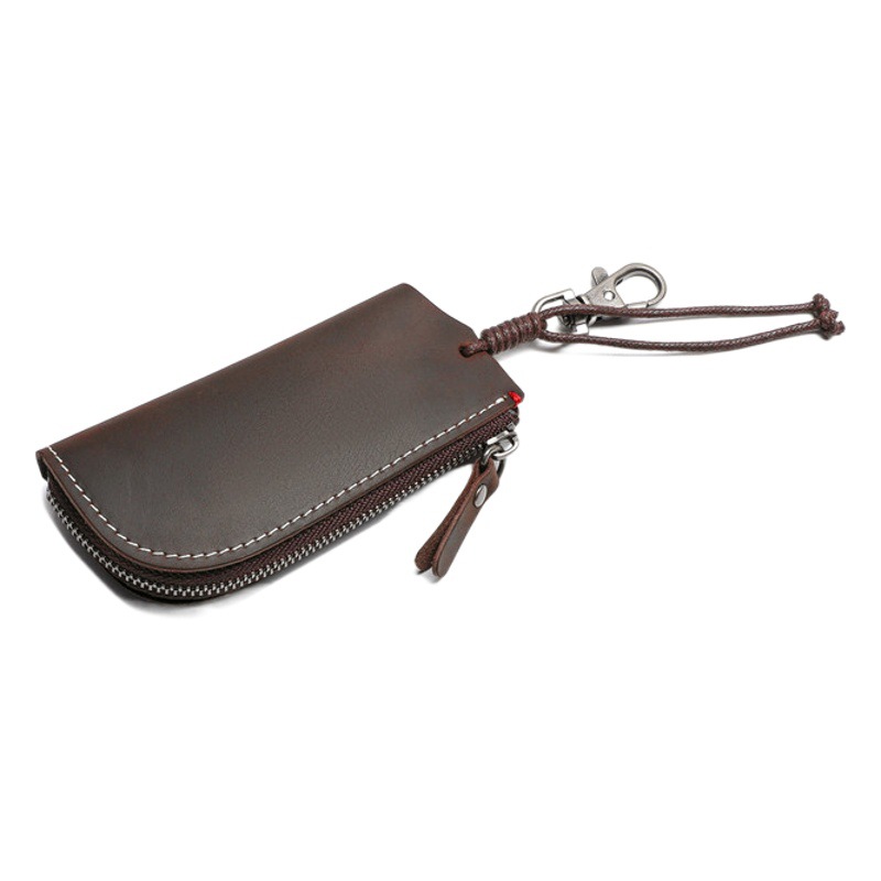 Simple Genuine Leather Zipper Car Key Bag Men's Waist Hanging Crazy Horse Top Layer Cowhide Large Capacity Multifunctional Key Bag