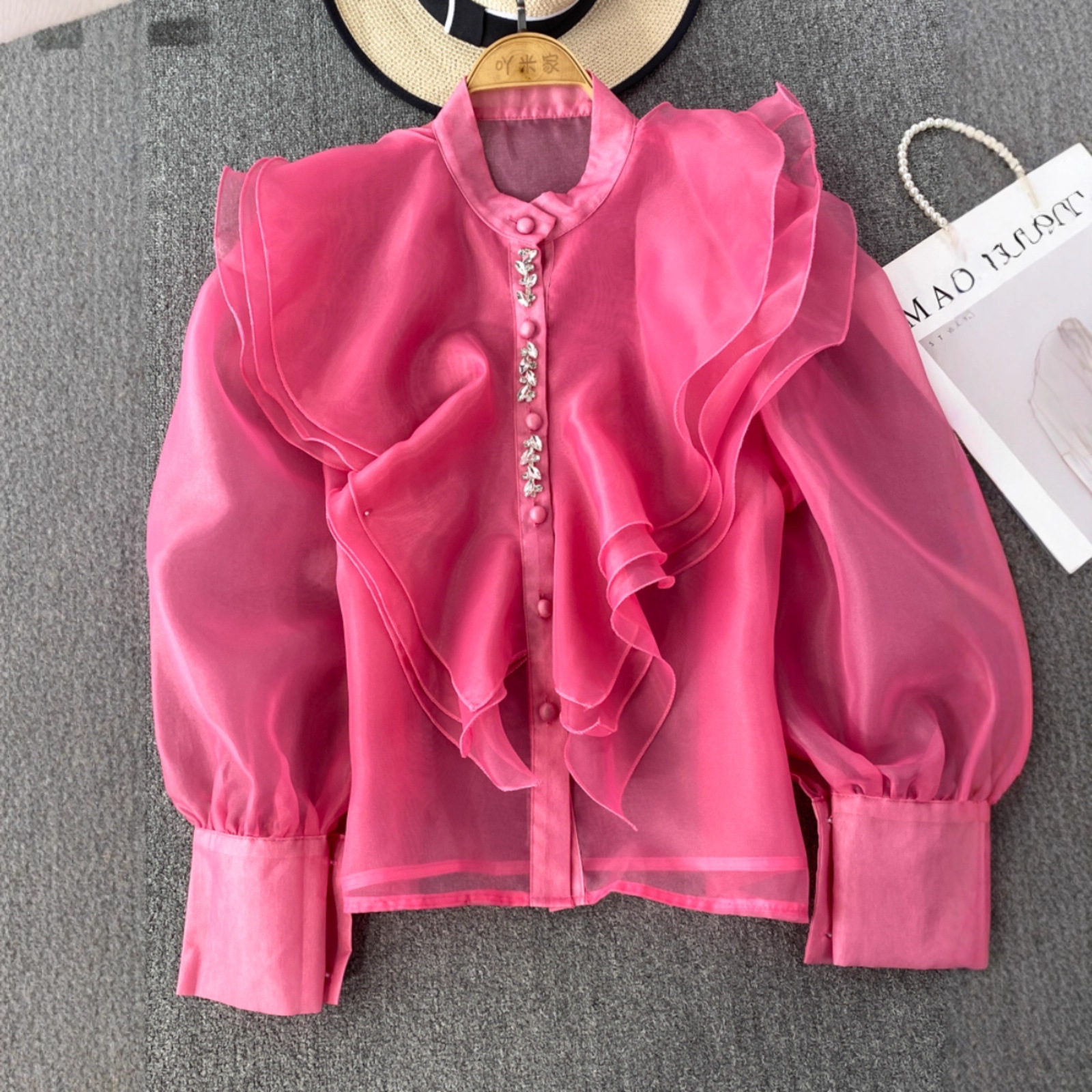 严选法式宫廷风超仙立领层层荷叶边欧根纱透视单排扣衬衫女洋气上