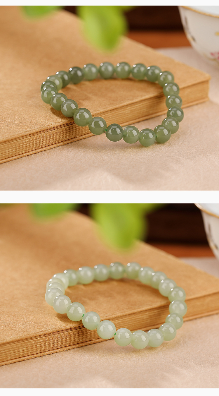 Vòng tay bạc S925 hạt ngọc bích Hetian tròn cổ điển — Màu sáng 8mm chi tiết 9