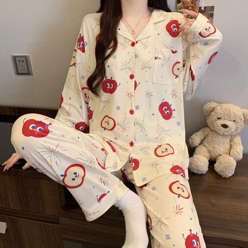 女性用パジャマ、秋の長袖セット、新しいお祝い干支年、かわいい漫画、甘いホームウェア、実物写真、卸売|undefined