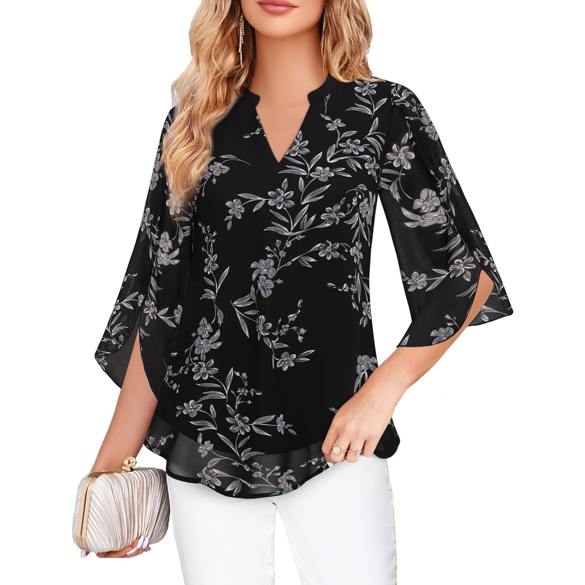 2026 Cross-Border Casual Summer New European And American Women's Petal Sleeve Loose V-Neck Chiffon Blouse_voghion.com