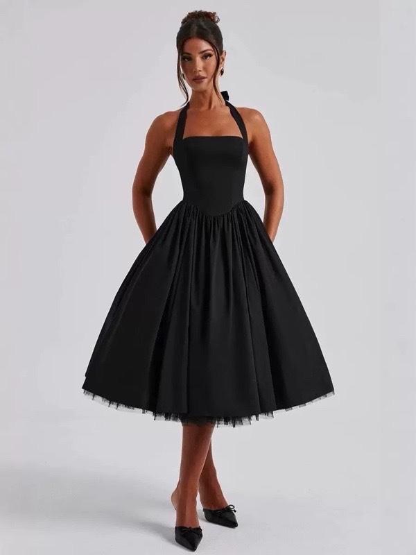French Halter Neck Backless Dress Sexy Tie Up Midi Skirt Mesh Fabric Women's Clothing New_ecoleips.com