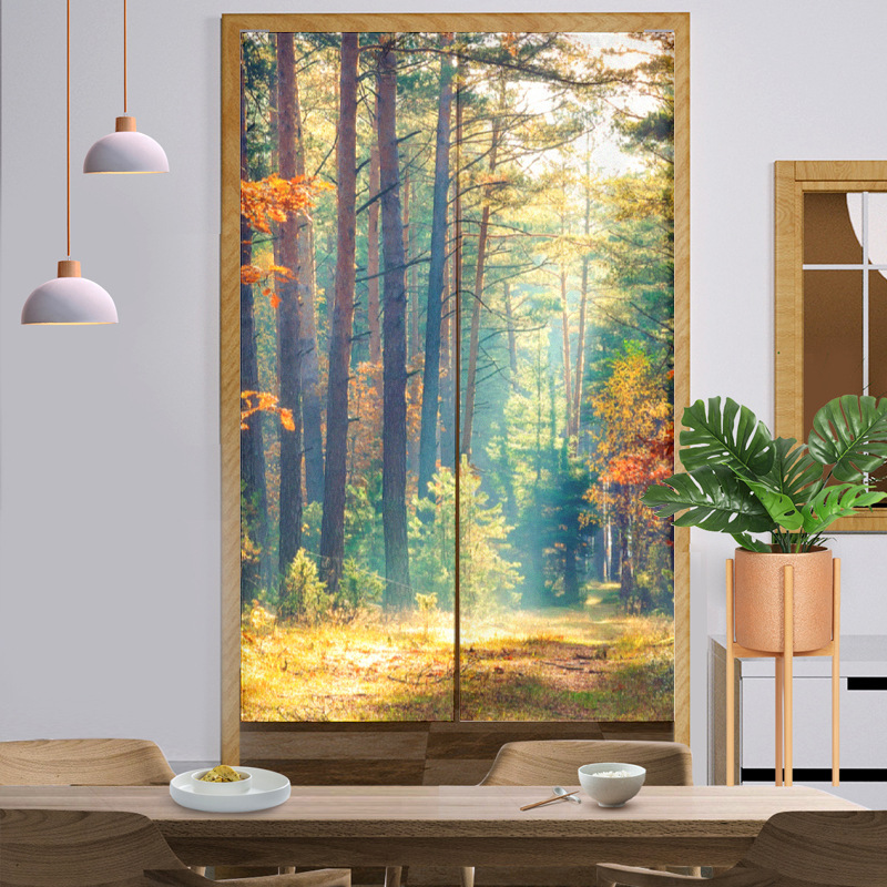 Amazon Cross-border Natural Landscape Door Curtain Forest Printed Fabric Hanging Curtain Bathroom Small Curtain Partition Curtain Punch-free