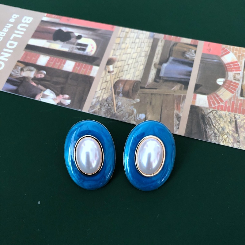 Blue Oval Silver Needle Stud Earrings display picture 8