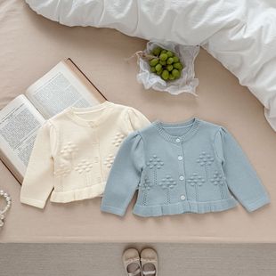 Ins Spring & Fall Pure Color Stereo Bubble Ball Flower Knitted Cardigan Baby Girl Korean Style Round Neck Knitted Sweater Jacket