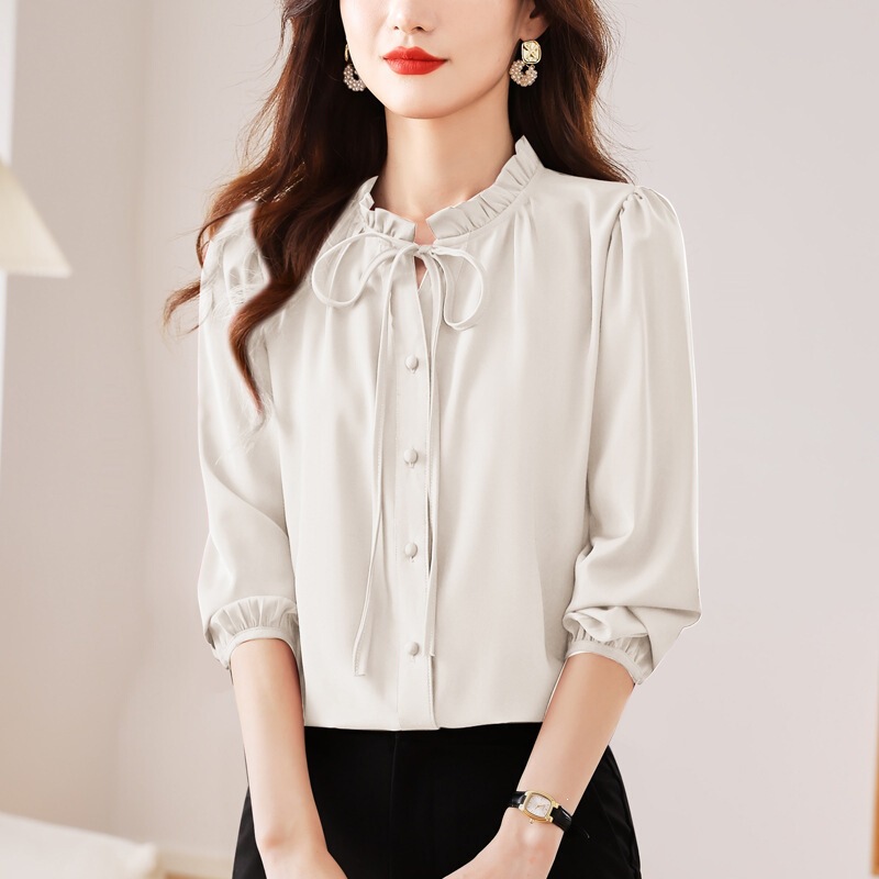 Brand 2026 Spring New Style Ruffled Collar Tie Shirt Women's Top High-End Fashionable Blouse with Puff Sleeves