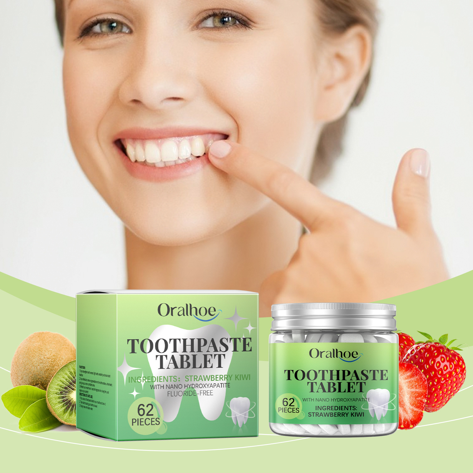 Oralhoe Toothpaste Tablets Strawberry Kiwi Fresh Breath Teeth Cleaning and Protecting Toothpaste