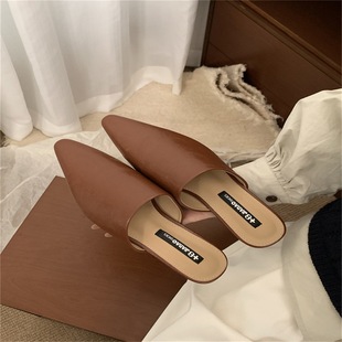 Pointed Slippers Women's Summer Outfit 2025 New Arrival Half-Slip Soft Leather Super Soft Half-Shoe Single-Shoe Mid-Heel Muller Shoes