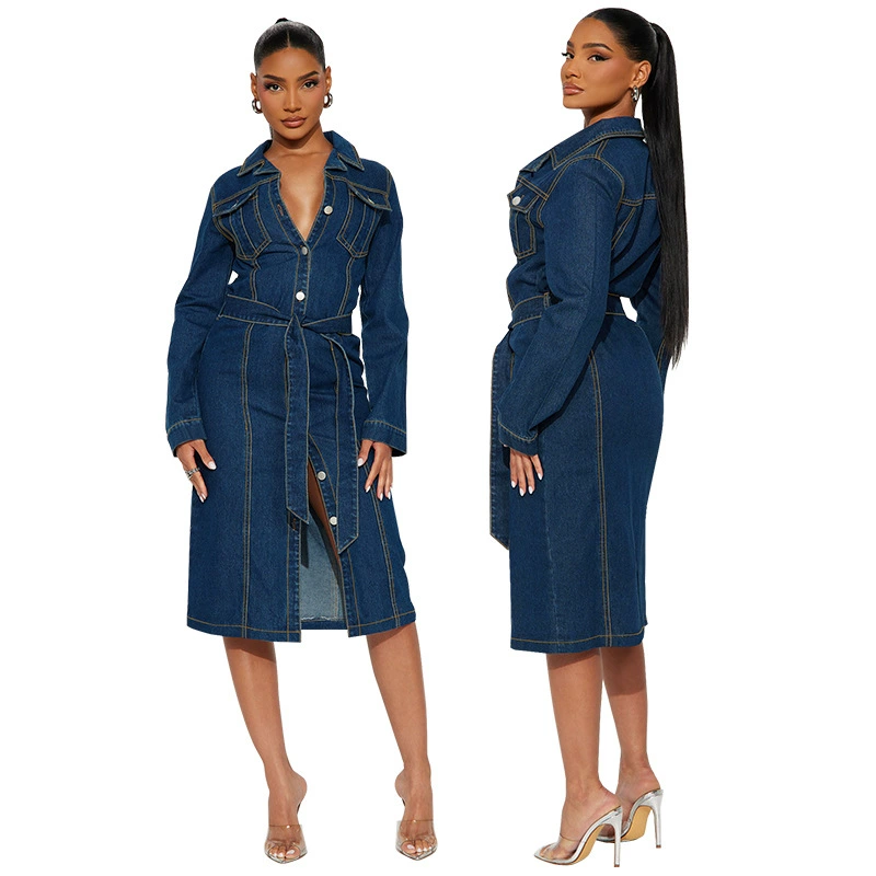 218625 Трансграничная европейская и американская модная женская новая джинсовая куртка с длинными рукавами, стильное платье средней длины, прямая продажа с фабрики