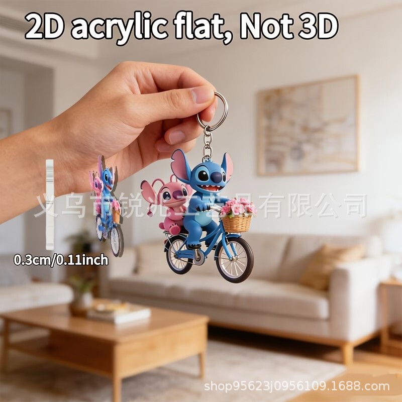 2D Flat, 1 Piece Disney, 2D Acrylic Cycling Stitch Keychain, Decorative Key Hanger