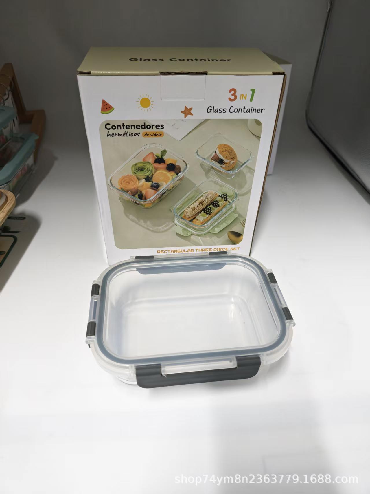 Juego de tres piezas de caja de color con tapa transparente rectangular grande, mediana y pequeña