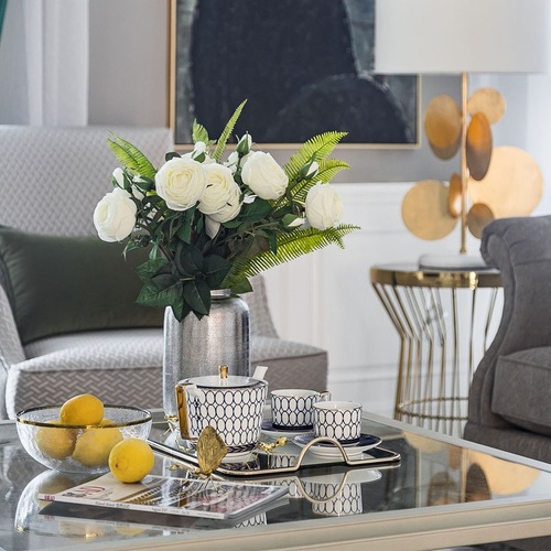 Ins Nordic-style gold-edged mirror glass tray, lightweight iron art storage tray for home living room, decorative and serving dish