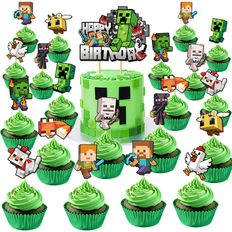 新しい Minecraft テーマ子供の誕生日パーティーの装飾ピクセルフラッグケーキインサートセット|undefined