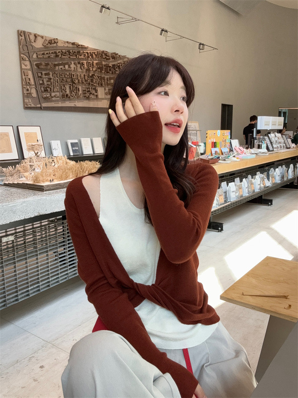 miu系纯欲甜辣假两件撞色挂脖针织衫女早秋气质宽松扭结上衣|undefined