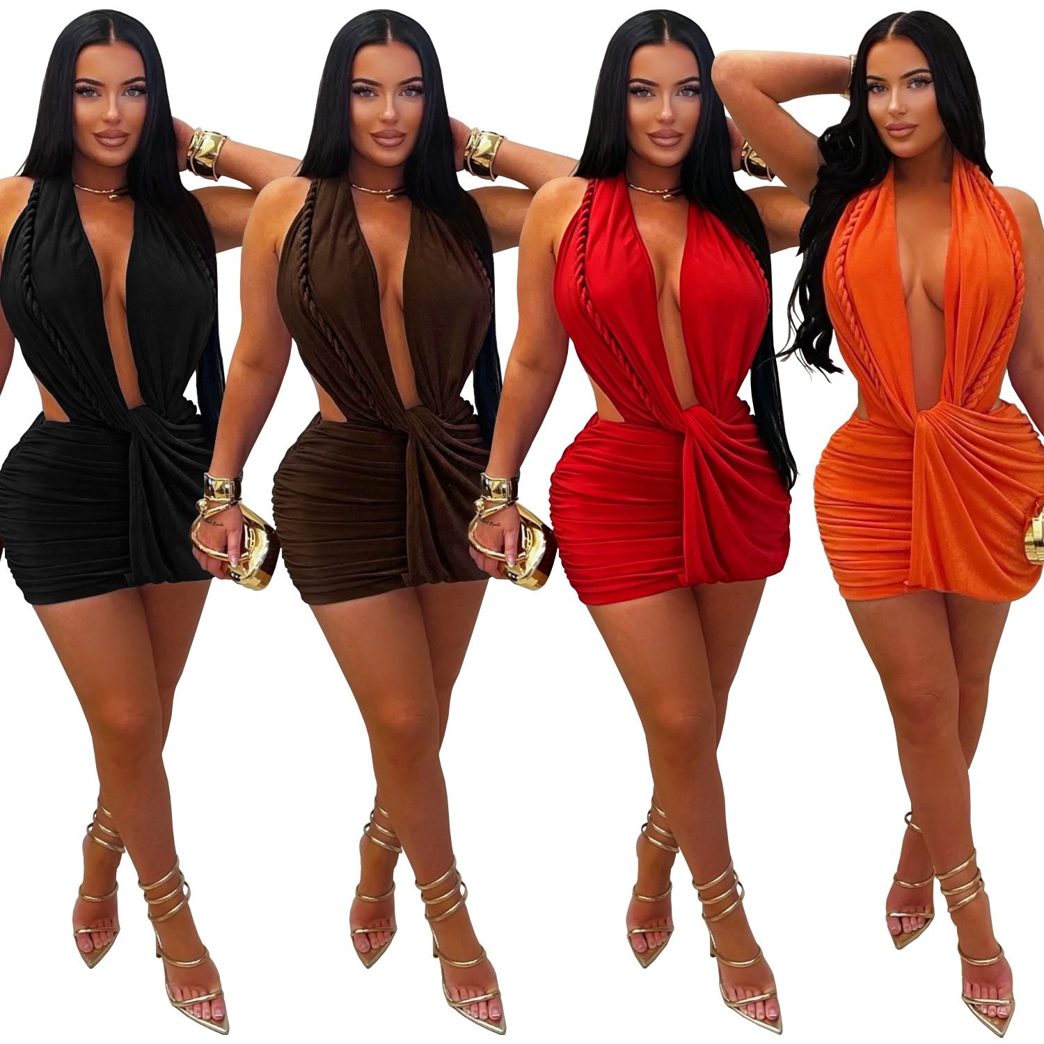 C7771 transfronterizo 2026 nueva ropa de mujer sexy profunda V cuello colgante bolsa de cadera vestido corto de cabina caliente vestido de color sólido image 6