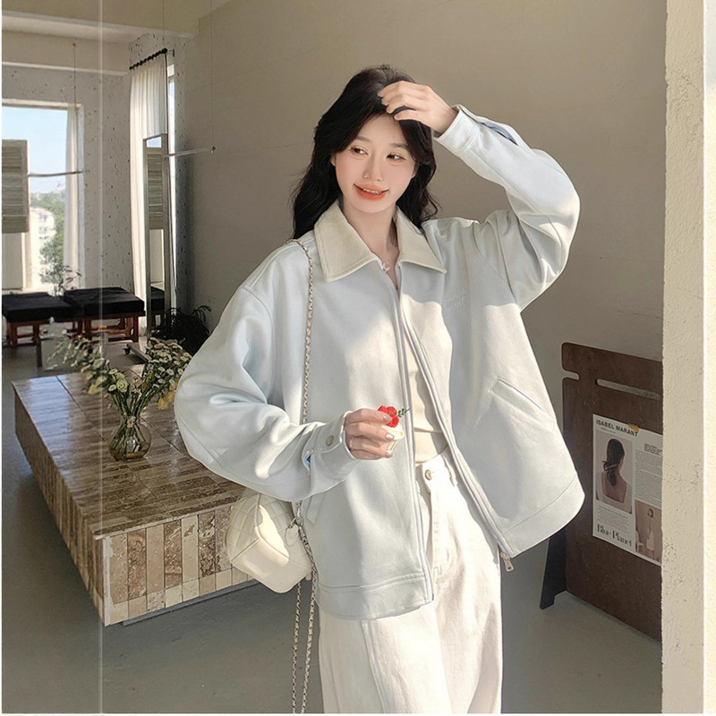 美式复古蓝色外套女士早秋季2025新款撞色翻领宽松夹克棒球服上衣|undefined