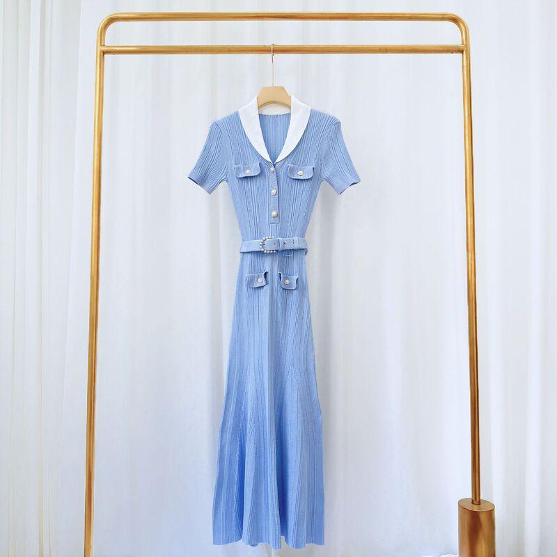 Early Autumn French-Style Light Blue Fashionable Color-Blocking Slim-Fit Waist-Cinching Elegant Lapel Long Knit Dress Early Autumn French-Style Light Blue Fashionable Color-Blocking Slim-Fit Waist-Cinching Elegant Lapel Long Knit Dress
