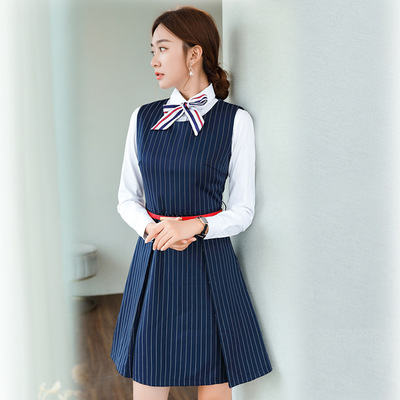 现货批发春夏幼师教师大学生校服工作服学院风条纹职业连衣裙|ms