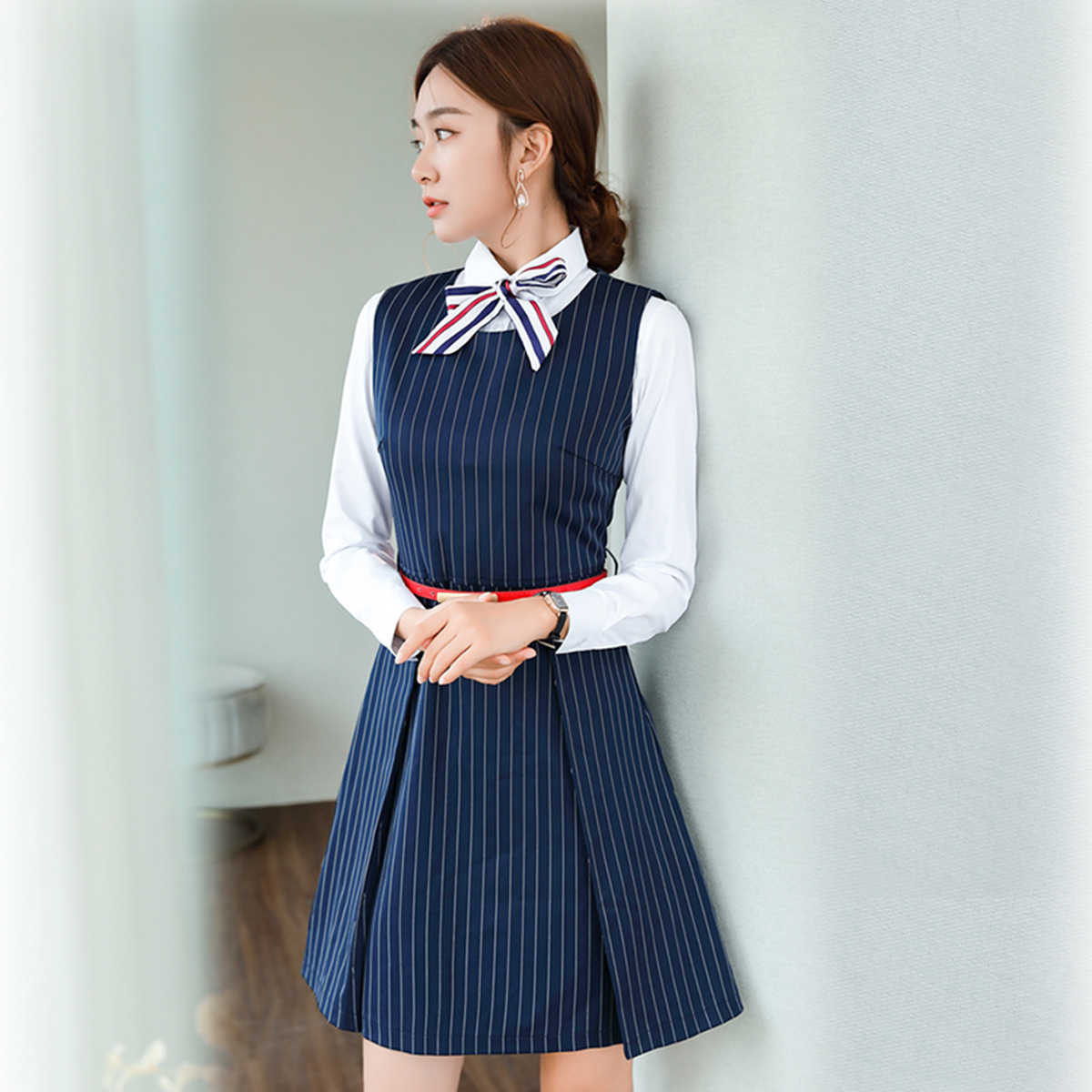 现货批发春夏幼师教师大学生校服工作服学院风条纹职业连衣裙|ms