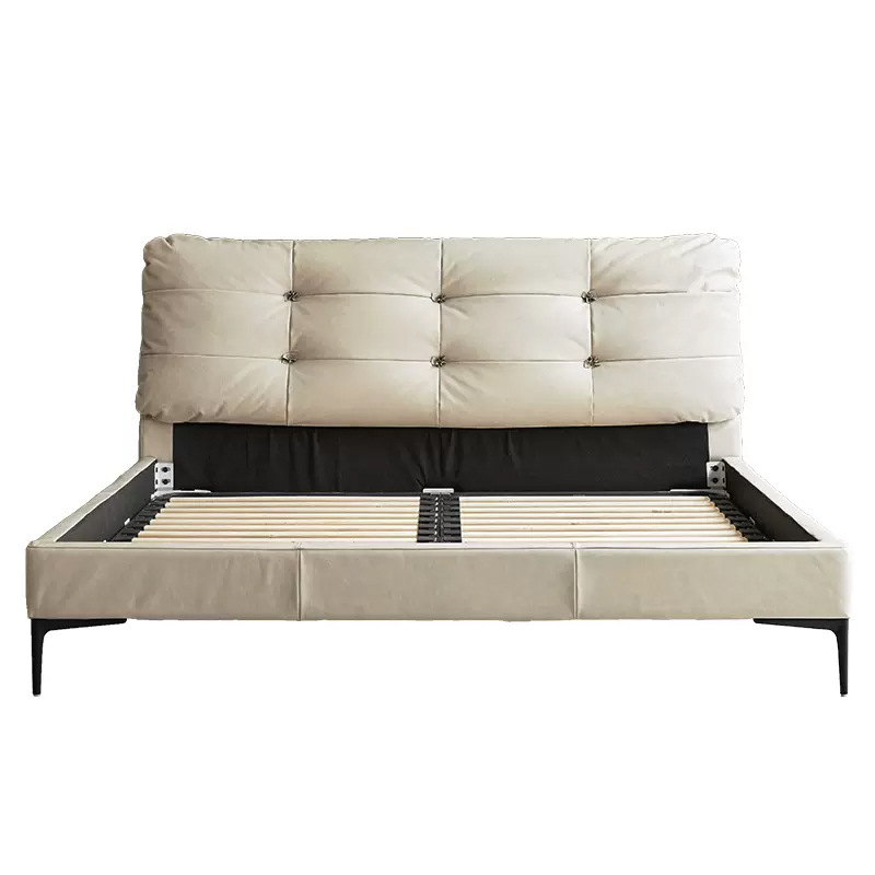 Cama de cuero de primera calidad estilo italiano minimalista, cama doble de cuero suave tipo nube para dormitorio principal con almacenamiento.