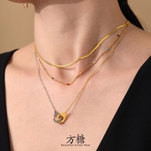 方糖双色拼色手拷吊坠锁骨项链不锈钢质镀18k真金小众设计锁骨链