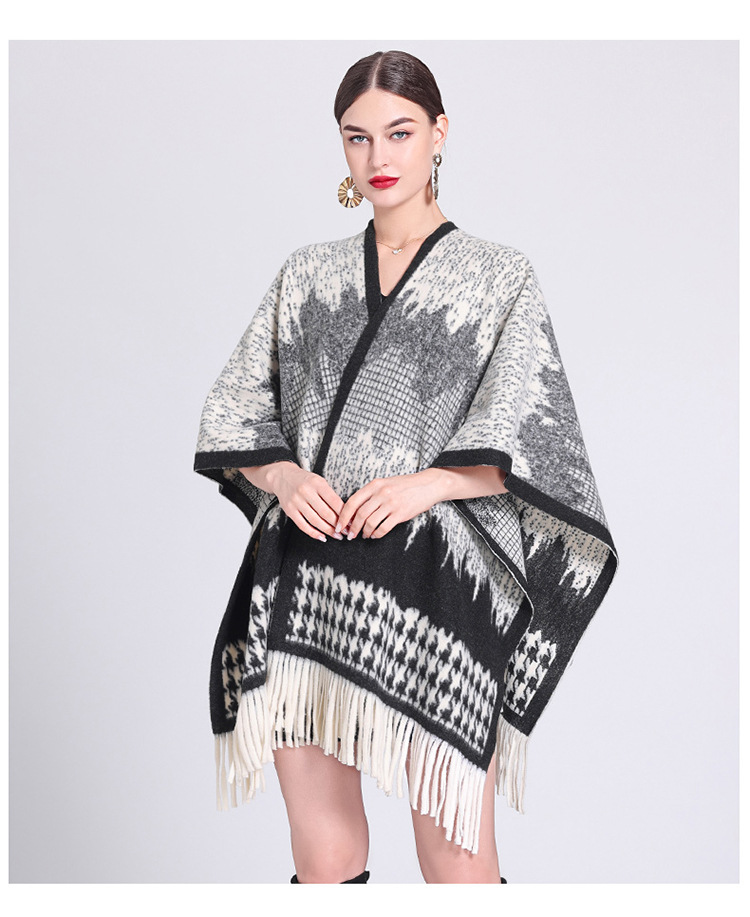 Schalumhang Damen karierte Strickjacke mit Fransen karierter Umhang Schal Wollmantel_voghion.com