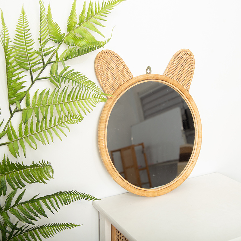 Espejo decorativo de pared de tejido de ratán transfronterizo personalizado, espejo colgante de decoración de pared de fondo para el hogar de B & B, espejo de maquillaje creativo de dibujos animados