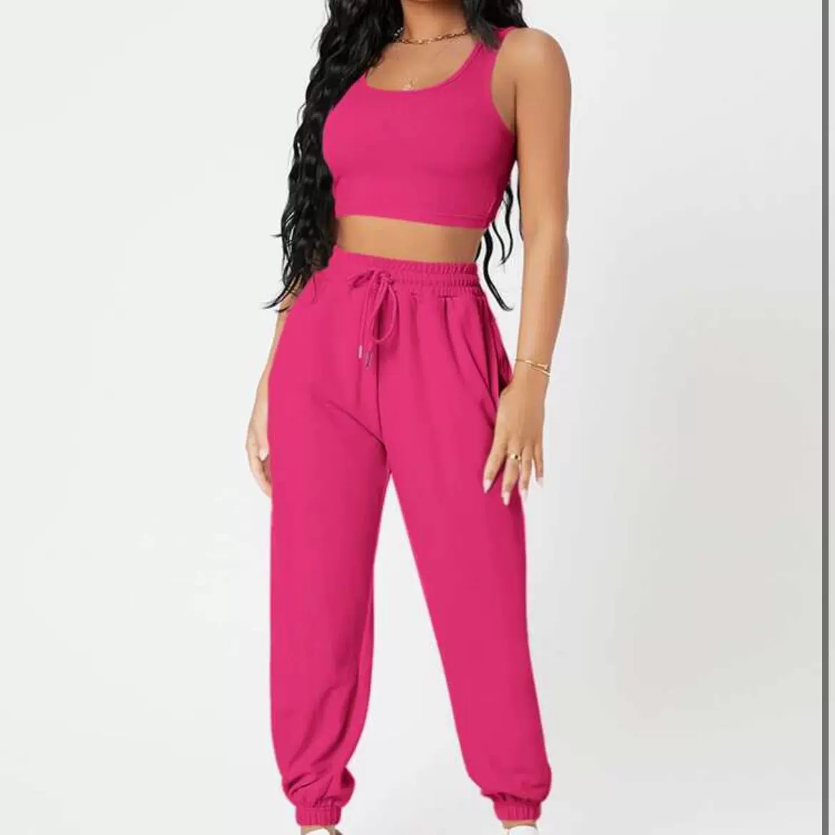 欧美新款2024春季纯色圆领背心女装高腰时尚休闲长裤套装批发