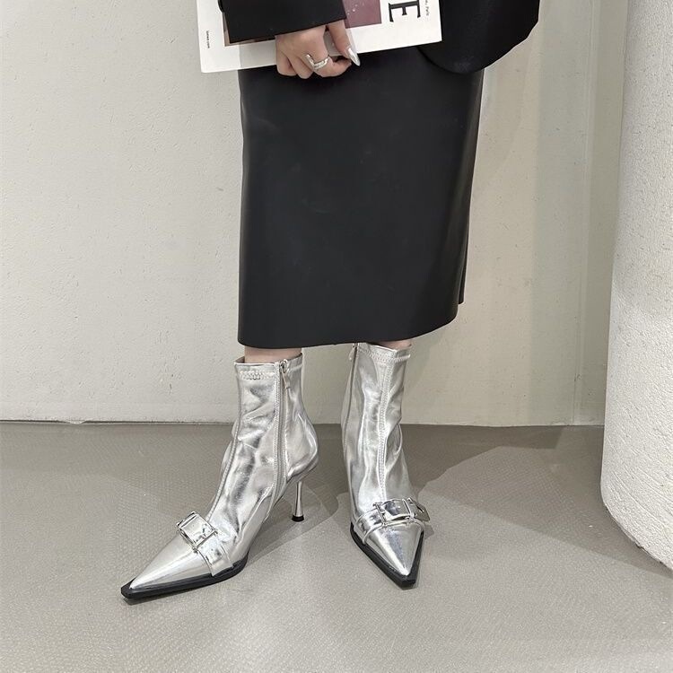 Trendy and High-End Versatile Black Stiletto French-Style High-Heeled Short Boots, Sexy Pointed-Toe Korean-Style Ankle Boots for Women