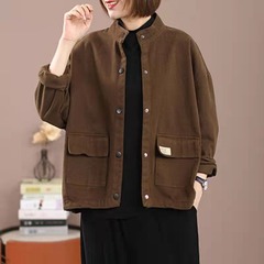 純綿スタンドカラーワークジャケット レディース 2024春秋冬 ゆったり大きいサイズ ショート丈カーディガン カジュアルファッション