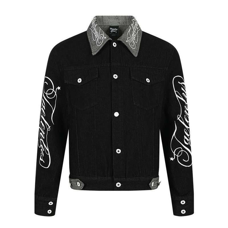 Men's denim jacket in biker style, trendy design, with metal buttons, letter print, casual high street style, floral lapel Men's denim jacket in biker style, trendy design, with metal buttons, letter print, casual high street style, floral lapel