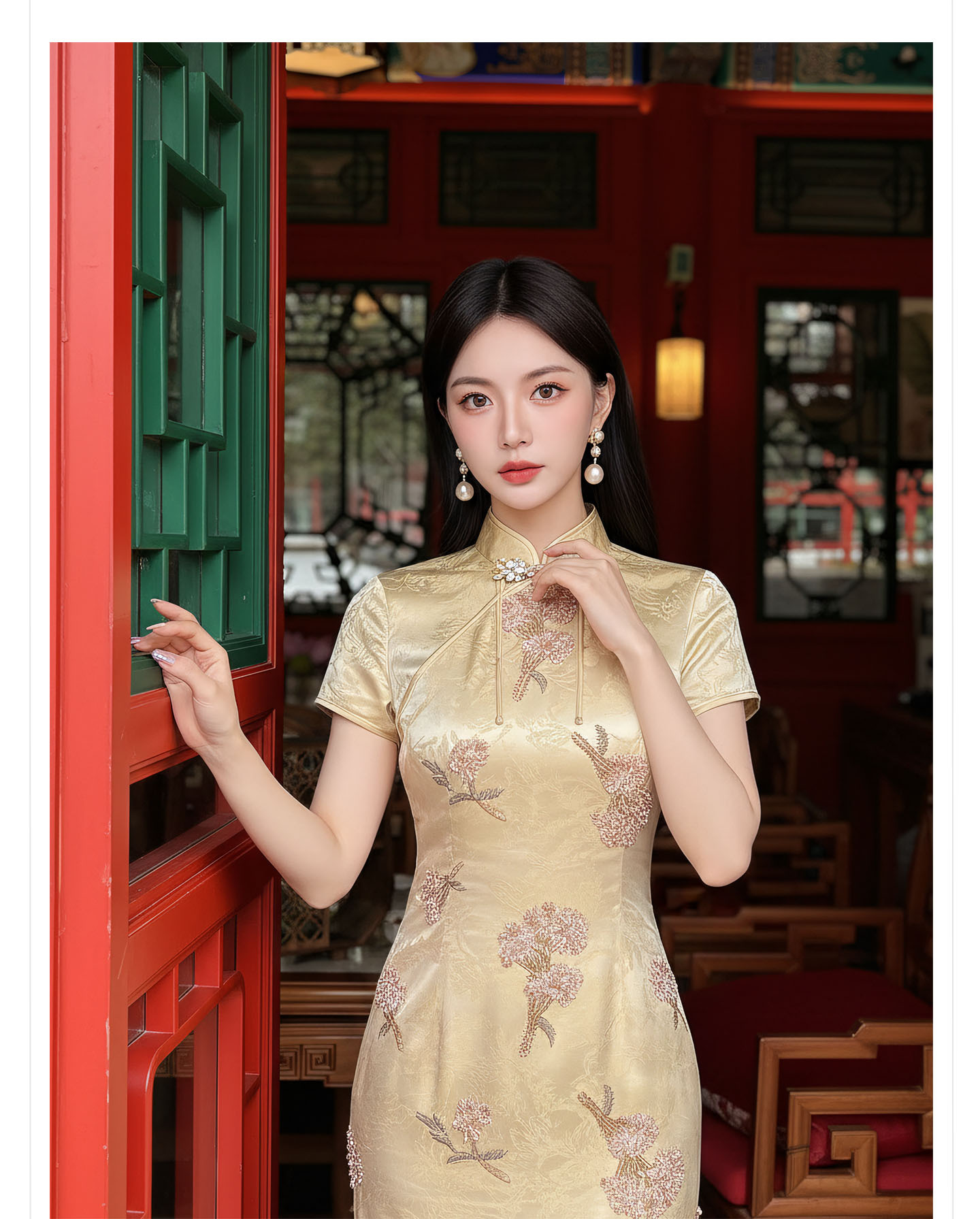 Đầm maxi nữ thêu ren hoa cổ trụ cài khuy, phong cách tân cổ điển — màu vàng chi tiết 5