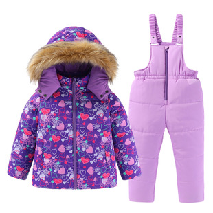 New Kidsren's Cotton Clothing Set, Girls' Large Fur Collar Winter Clothing Two-Piece Set, Kidsren's Outdoor Printed Warm Ski Clothing