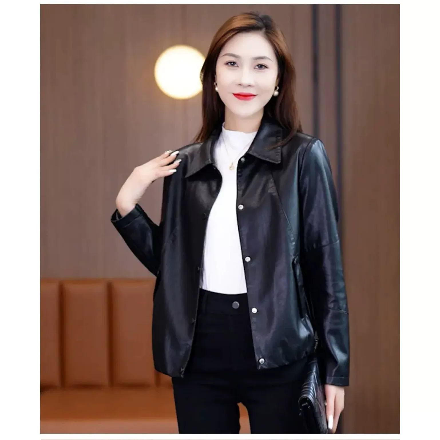 Кожаная куртка Haining женская осень/весна, молочно-кофейный и черный, Slim fit, размеры L-4XL, 407
