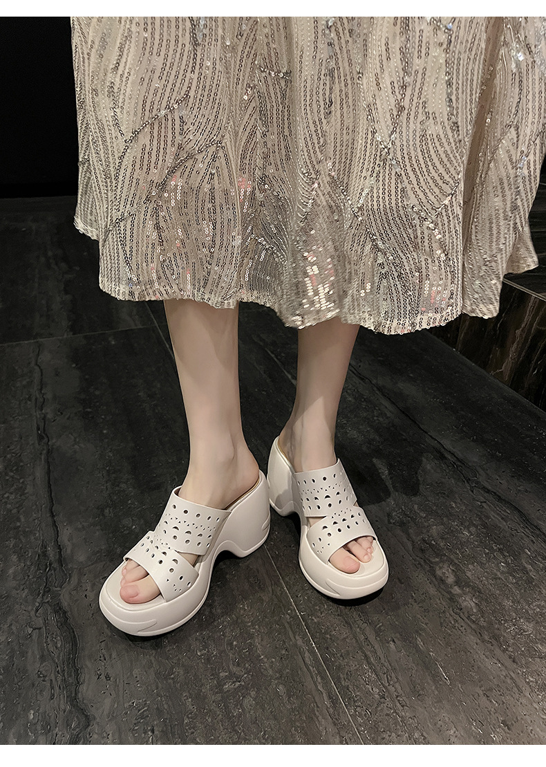 Sandal cao gót nữ hở mũi đế xuồng 10 cm, chất da bò thượng hạng, quai ngang thoáng khí — màu đen, màu trắng ngà chi tiết 12