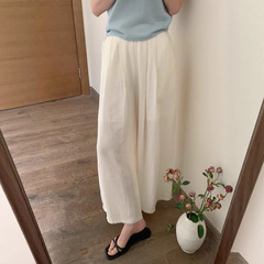 女性用クールワイドレッグパンツ、夏スタイル、ハイウエスト、快適、ゆったり、万能リネン日焼け止めスカートパンツ、カジュアル9点パンツ