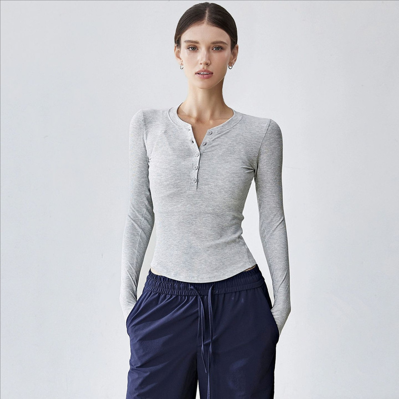 Autumn New Yoga Wear Women's Sports Long-Sleeved T-Shirt Retro Henry Collar Slimming Look Running Training Wear for Women