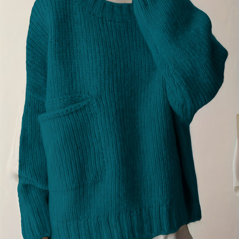 Plus Size Solid Pocket Crew Neck Sweater Casual Long Sle跨境|undefined