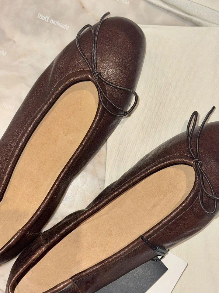 Giày búp bê nữ da bò đính nơ phong cách retro, đế bệt mũi tròn xỏ chân cổ thấp — Màu nâu (da) chi tiết 14