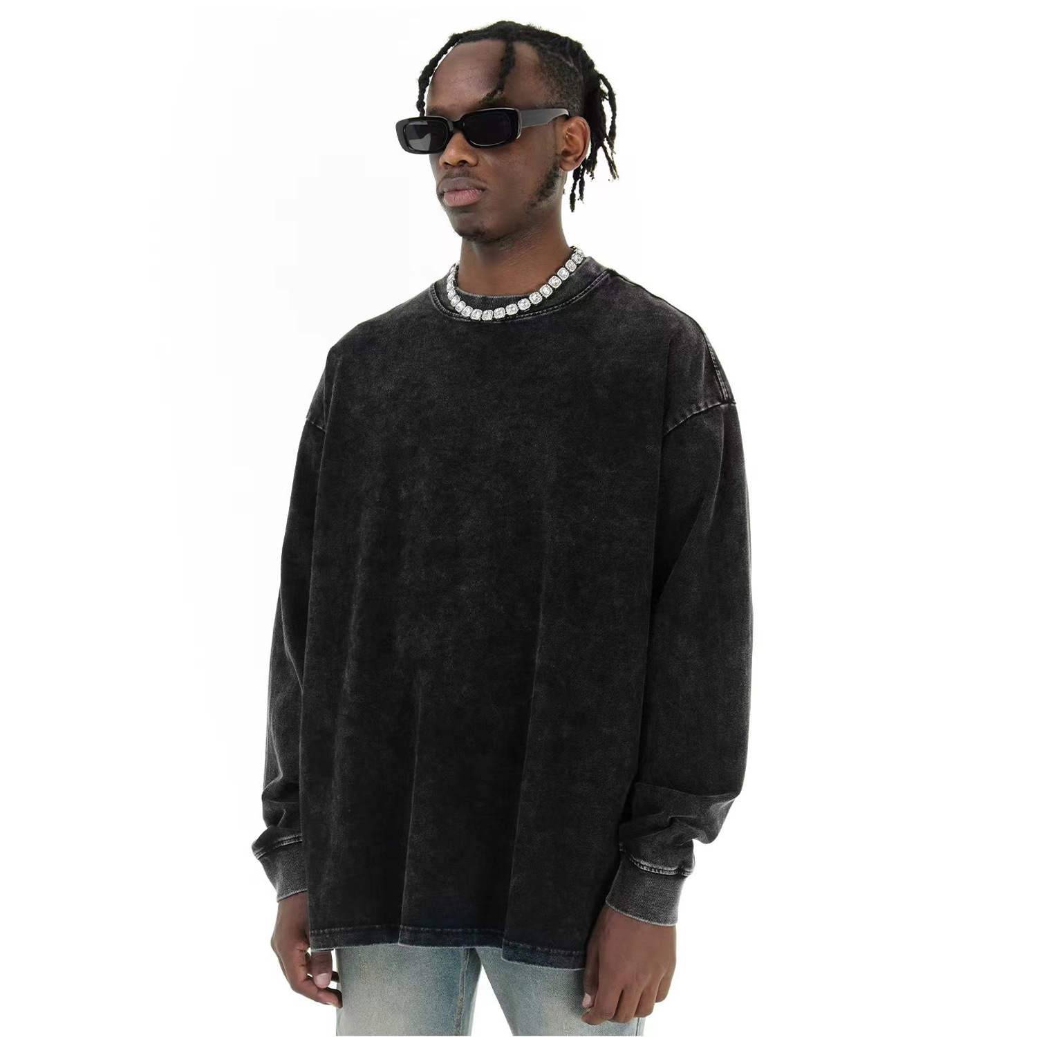 Oscuro estilo hip-hop americano viejo retro cuello redondo camiseta de manga larga para hombres otoño invierno nuevo suelto innings versátil camiseta de base