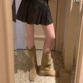 牛皮版~真皮磨砂废土风胖mm大筒围西部靴女粗跟瘦腿中筒骑士靴子