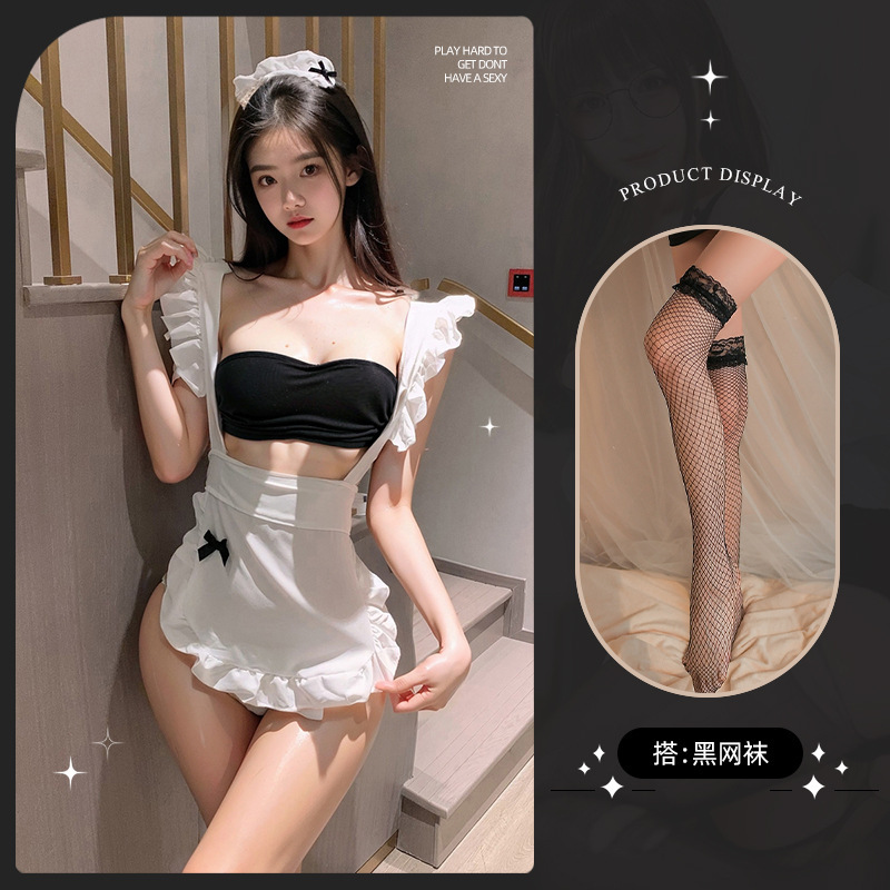 메이드복 [머리띠+긴팔탑+T바지+옷]+검은망사스타킹