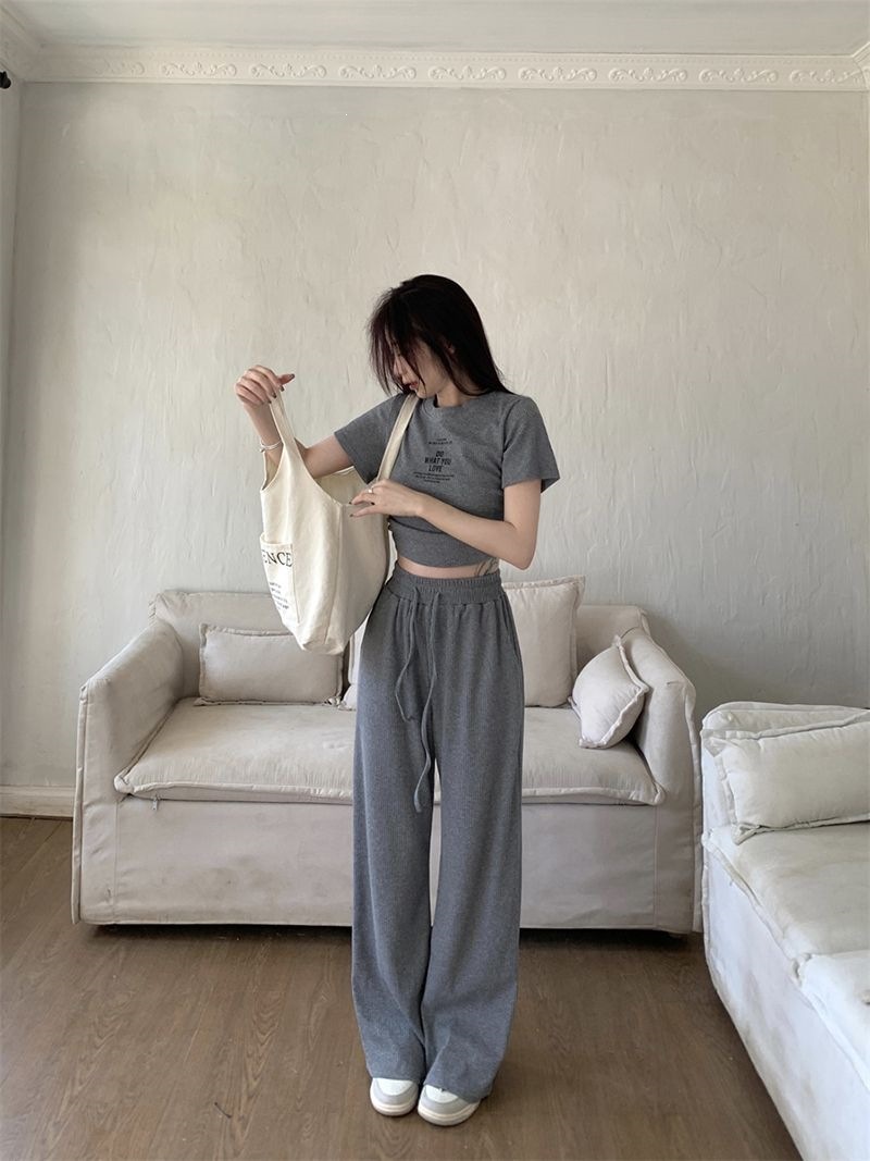 Women's Clothing Style Women's Two Piece Set Casual Gray Summer Top And Wide Leg Trousers Drawstring Tie Short Sleeved Outfit_ecoleips.com