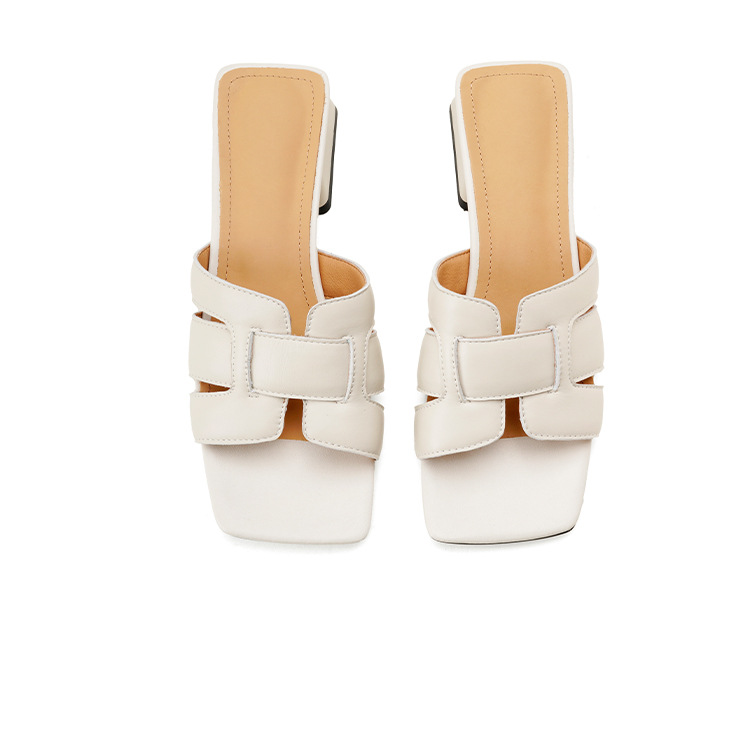 Dép sandal hở mũi vuông gót thấp da thật nữ tính — màu vàng nâu, Màu trắng nhạt chi tiết 18