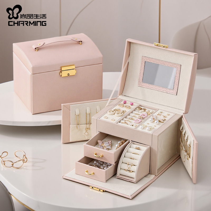 Suministro directo transfronterizo caja de joyería caja de almacenamiento correa de mano espejo caja de joyería collar anillo caja de joyería caja jewelry