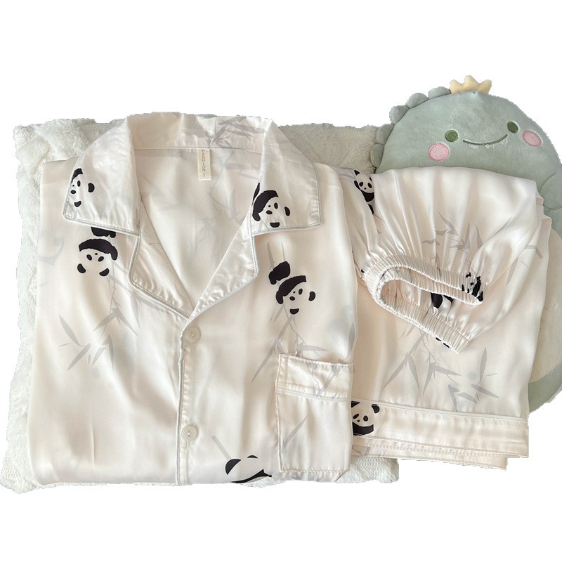 Panda de alto nivel pareja pijama de mujer de verano manga corta lindo estudiante seda real hombre conjunto de ropa de hogar