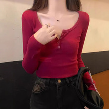 ins纯欲辣妹半开领长袖打底t恤女衫春秋螺纹修身纽扣长袖上衣小衫