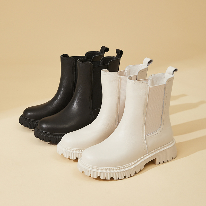 소가죽 마틴 부츠 여성용 2023 새로운 영국 스타일 슬림 룩 첼시 앵클 부츠 작은 두꺼운 바닥 중간 길이 연기 부츠