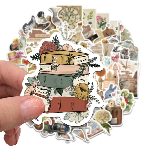 50 sheets/5 types of retro stickers cross-border literary and artistic patterns waterproof graffiti suitcase notebook account stickers wholesale